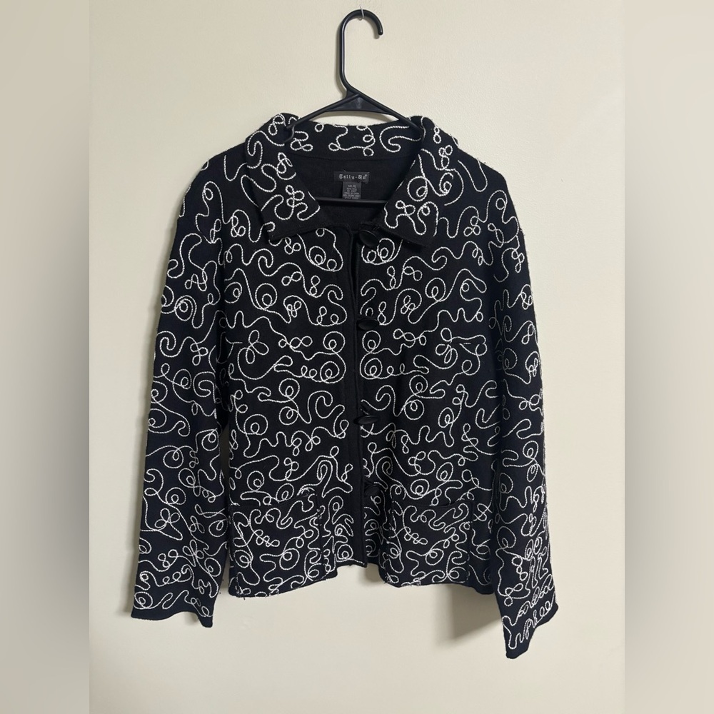 Tally Ho Size XL 100% Wool Embroidered Cardigan Jacket Black White Button Up